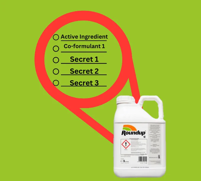 Picture of a bottle of pesticide with a list of ingredients. Active ingredient, co-formulant 1, then 3 secret ingredients. 