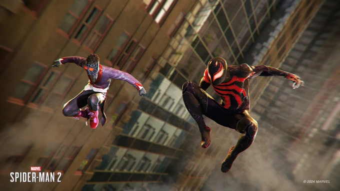 Peter Parker and Miles Morales swing through the city.