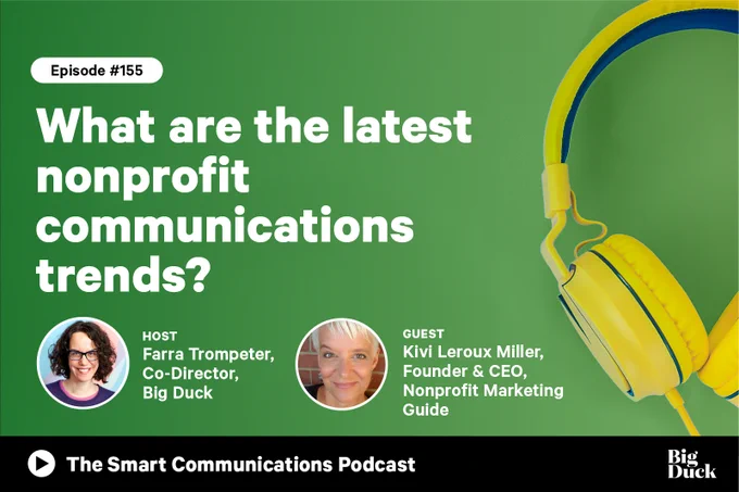 IMAGE ID: Green graphic with image and text: The Smart Communications Podcast Episode EP155 What are the latest nonprofit communications trends?