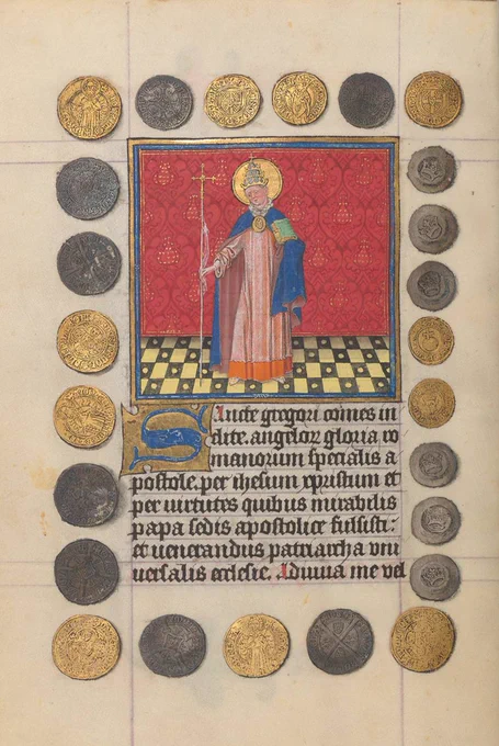Master of Catherine of Cleves, St. Gregory the Great and Coins, from the Hours of Catherine of Cleves, The Netherlands, Utrecht, ca. 1440. The Morgan Library & Museum, MS M.917/945, p 240. Photography by Janny Chiu