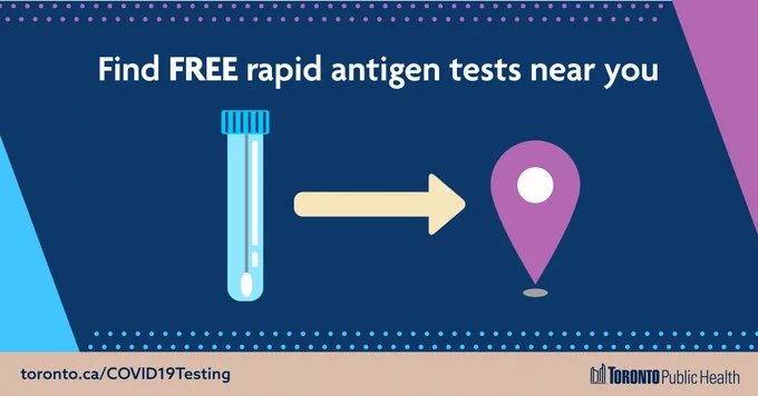 Image of a test tube with an arrow pointing to a pin location. Text reads “Find FREE rapid antigen tests near you”
