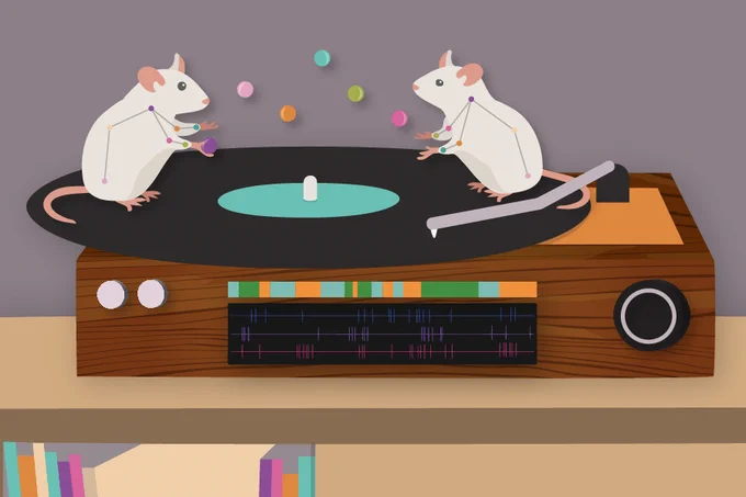 Art of mice juggling as they spin around on a record.
