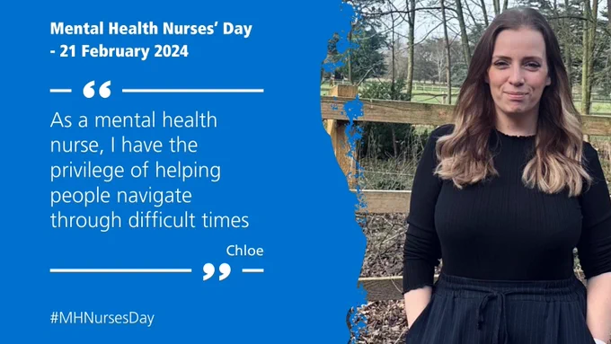 Chloe to the right outdoors with image text "As a mental health nurse, I have the privilege of helping people navigate through difficult times"