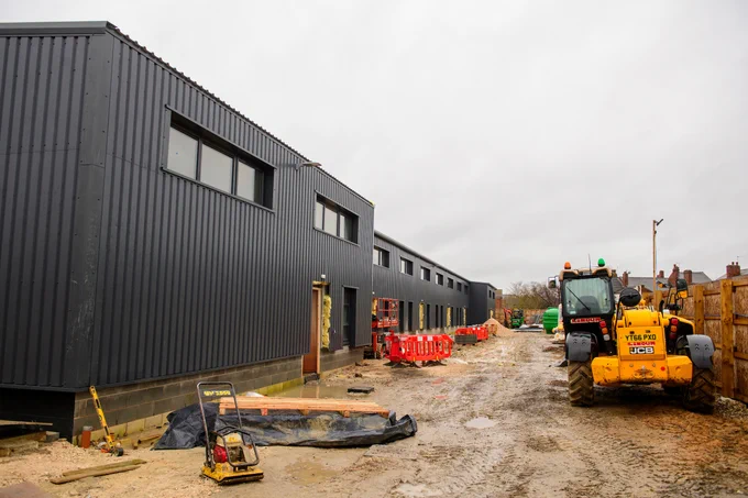 The outside of the building is now fully cladded