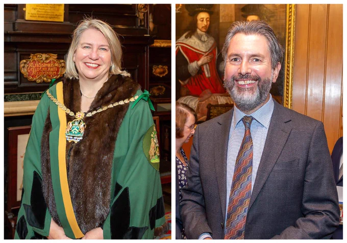 Photograph of Master Liz Shilling in the Spectacle Maker robes of office and a photograph of Alistair Bridge at a WCSM event.