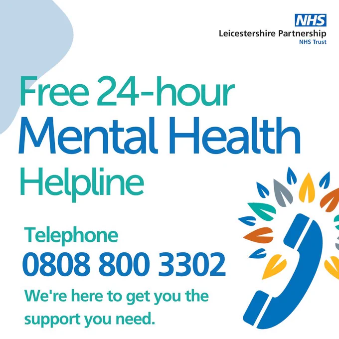 An icon of a blue telephone receiver with text reading: Free 24-hour mental health helpline. Telephone 0808 800 3302. We're here to get you the support you need.