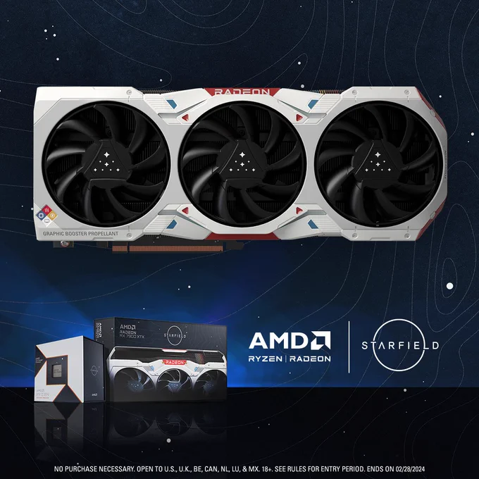 A Starfield AMD Radeon™ RX 7900 XTX GPU and a Starfield AMD Ryzen™ 7 7800X3D CPU with the text: No purchase necessary. Open to U.S., U.K., BE, CAN, NL, LU, & MX. 18 . See rules for entry period. Ends on 02/28/2024.