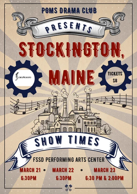 Drama Club flyer with red, blue, and black text. Musical notes with city in the middle.