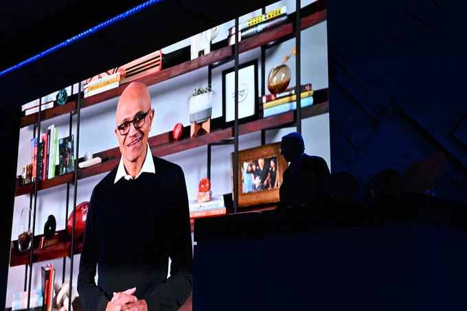Photo of Microsoft CEO Satya Nadella speaking virtually at IFS Direct Connect. 