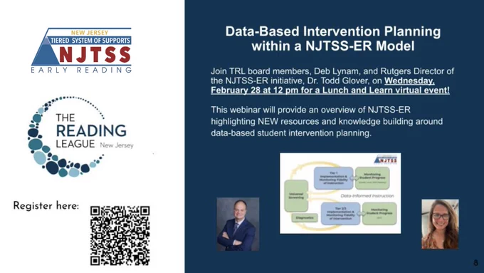 Graphic of 2 presenters and text that says 'Data-Based Intervention Planning within a NJTSS-ER Model. Join TRL board members, Deborah Lynam, and Rutgers Director of the NJTSS-ER initiative, Dr. Todd Glover, on Wednesday, February 28 pm for a Lunch and Learn virtual event!  This webinar will provide an overview of NJTSS-ER highlighting NEW resources and knowledge building around data-based student intervention planning.