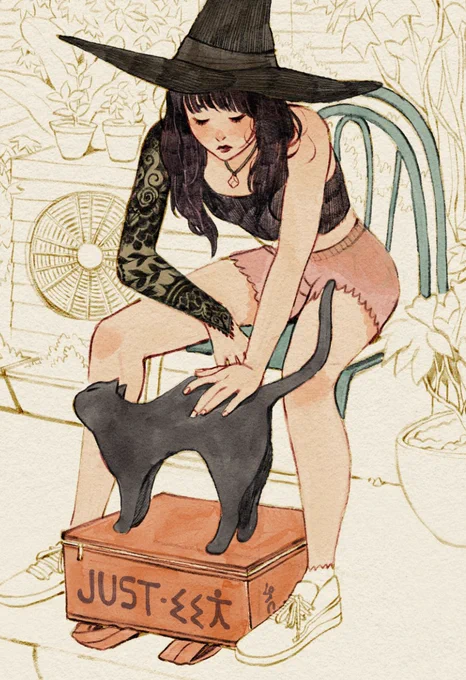 Work in Progress.  Character sitting on a chair while petting a cat. On the ground there's a backpack to indicate they are work in food delivery.