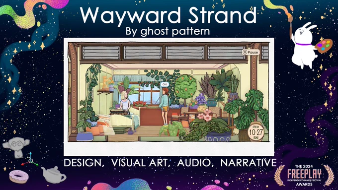 Freeplay Awards 2024: Wayward Strand by ghost pattern
Design, Visual Art, Audio, Narrative

The game image is a scene set in a bedroom full to the brim with plants. A person sitting upright in their bed turns to look at another person standing and talking besides them. This standing person says "Oh!".