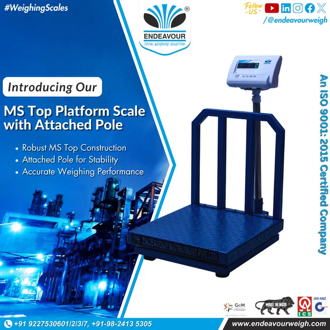 Introducing Our MS Top Platform Scale with Attached Pole!

Looking for a reliable and sturdy platform scale for your industrial needs? Our MS top platform scale, equipped with an attached pole, offers the perfect solution.

✅ Robust MS Top Construction
✅ Attached Pole for Stability
✅ Accurate Weighing Performance

Contact us today to learn more about our MS Top Platform Scale with Attached Pole!

📞  91-98-2413 5305
✉️ info@endeavourweigh.com
🌐 www.endeavourweigh.com

#PlatformScale #IndustrialWeighing #MSPlatformScale

#Endeavour #EndeavourWeigh #EndeavourInstruments #WeighWithEndeavour #ElevateWithEndeavour #EIPLOfficial