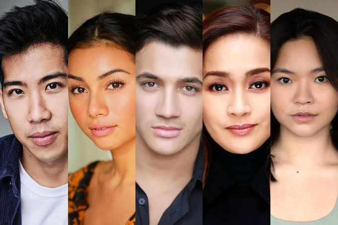 A photo displaying five headshots of performers, with neutral expressions 