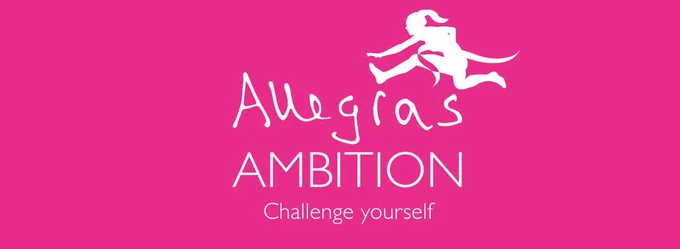pink poster logo for charity with white image of a young woman leaping over a hurdle of the words allegra's ambition challenge yourself  