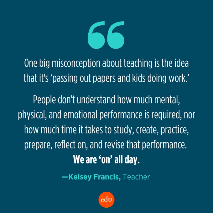 One big misconception about teaching is the idea that it's 'passing out papers and kids doing work.' People don't understand how much mental, physical, and emotional performance is required, nor how much time it takes to study, create, practice, prepare, reflect on, and revise that performance. We are 'on' all day. —Kelsey Francis, Teacher