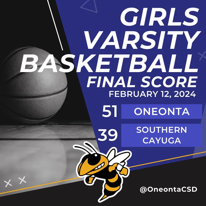 Blue scorecard graphic showing that the Oneonta Girls Varsity basketball team beat Southern Cayuga 51-39 on February 12, 2024.