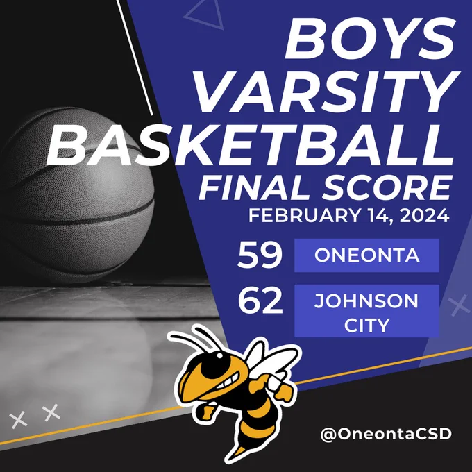 Blue scorecard graphic showing that the Oneonta Boys Varsity basketball team lost to Johnson 62-59 on February 14, 2024.