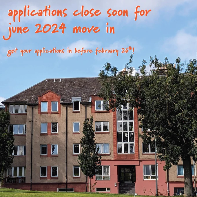 Photo of 28 Wright's Houses with the text reading "applications close soon for june 2024 move in, get your applications in before february 26th!