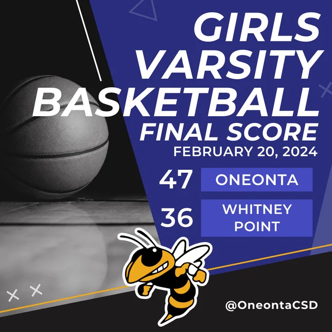 Blue scorecard graphic showing that the Oneonta Girls Varsity basketball team beat Whitney Point 47-36 on February 20, 2024.