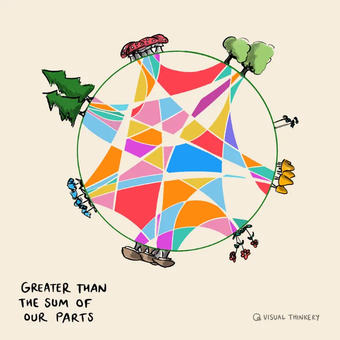 Great than the sum of our parts: the illustration by Visual Thinkery depicts a mycelial network where each tree, mushroom and plant sustains each other and draws and gives resources 