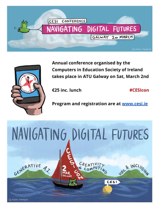 a flier with all the conference information from the post, and some hand drawn images of a wee green owl pulling a banner across the sky and sailing a boat in choppy water, as well as a hand holding a mobile phone with a directional compass shown on the screen