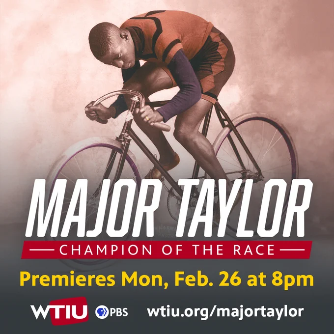 Major Taylor: Champion of the Race premieres Monday, February 26th at 8pm E.T. Visit wtiu.org/majortaylor for details

Image ID: Marshall Taylor poses atop a bike in a photo studio, head down, in a starting position. Colorized.