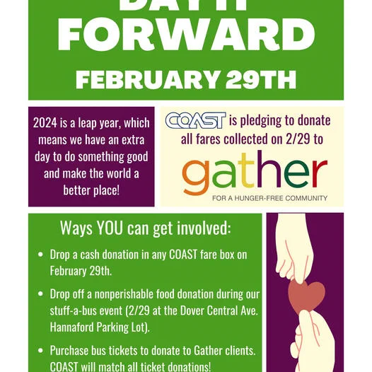 Poster explaining COAST's Day It Forward efforts to support Gather leading up to and including leap day (Feb. 29).