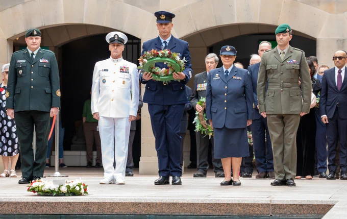 Last Post Ceremony - Fall of Singapore, His Excellency Mr Anil Nayar (Ah-nil Nai-yer), Singapore High Commissioner to Australia. And Warrant Officer Ken Robertson OAM, Senior Enlisted Advisor to the Chief of Defence Force, Australia and visit from New Zealand, Canada, United States and Britian. 15th Feb 2024    Photograph taken by Ian Roach  Order reference: AWM24.PR.012.
Contact: esales@awm.gov.au
