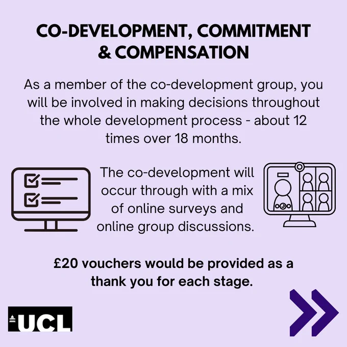 This is a promotional image for the in-development app, Orchid.

The text in the image says:
Co-development, commitment and compensation

Asa  amemeber of the co-development group, you will be involved in making decisions throughout the whole development process - about 12 time over 18 months.

The co-development will occur through with a mix of online survays and online group discussions.

£20 vouchers would be provided as a thank you for each stage.