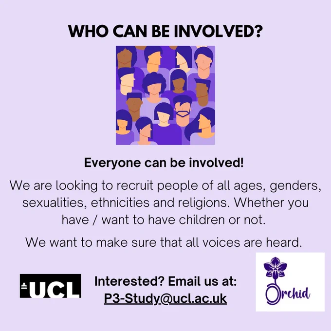 This is a promotional image for the in-development app, Orchid.

The text in the image says:
Who can be involved?
Everyone can be involved!
We are looking to recruit people of all ages, genders, sexualities, ethnicities and religions. Whether you have/want to have children.

We want to make sure that all voices are heard.

Interested? Email us at P3-Study@ucl.uk
