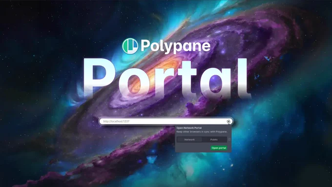 Polypane Portal, shown in front of a swirling purple, teal and pink galaxy.
