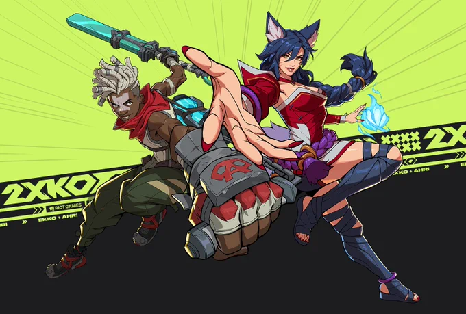 On the left, Ekko runs forward as he winds up his bat, preparing to swing. On the right, Ahri reaches forward with a well-manicured hand, wielding foxfire in the other. “2XKO” repeats on the green background behind them.