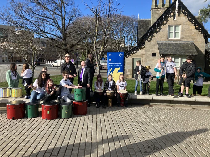 The Trumberbone Street Band performance outside Scottish Parliament.