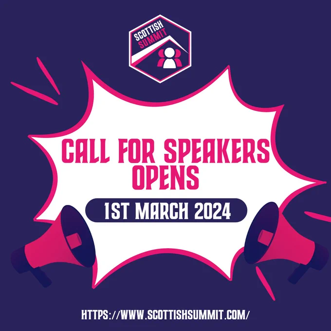 Navy social tile, white and pink text and speakerphone icons with logo promoting the call for speakers for the Scottish Summit 2024 event. Website address added https://www.scottishsummit.com