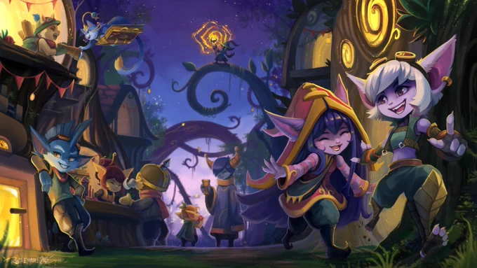 Commissioned art piece of Bandle Tale: A League of Legends by artist RinTheYordle. It features Tristana and Lulu in the forefront, Rumble, Corki, Veigar towards the back. Teemo and Yuumi sit at the top left of the art piece. 