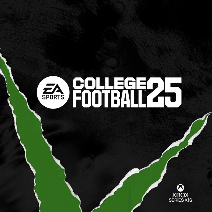 Image of black paper with two green rips. On top of the paper reads: "EA SPORTS COLLEGE FOOTBALL 25."