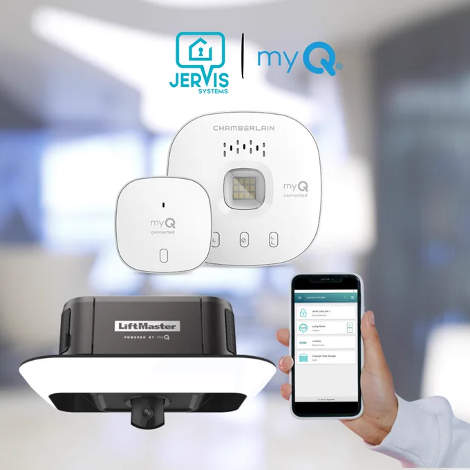 Image of myQ-powered Chamberlain and LiftMaster garage door openers with hand holding phone showing the Jervis Systems mobile app underneath Jervis and myQ logos