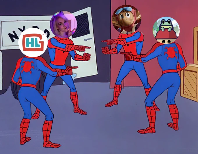Spider-Man pointing at Spider-Man meme. A still from the 60's Spider-Man cartoon where two people dressed in Spider-Man costumes are pointing at each other. There are four Spider-Men pointing at each other in this image, with the profile pictures of Twitter accounts placed over each of their faces. From left to right the accounts are: Hyper Luminal Games, f0xrocket, Little Nook Games, and Pine Hearts Game