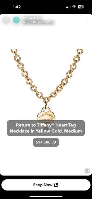 Screenshot of ad seen on Snap for a $14,500 heart tag necklace from Tiffany