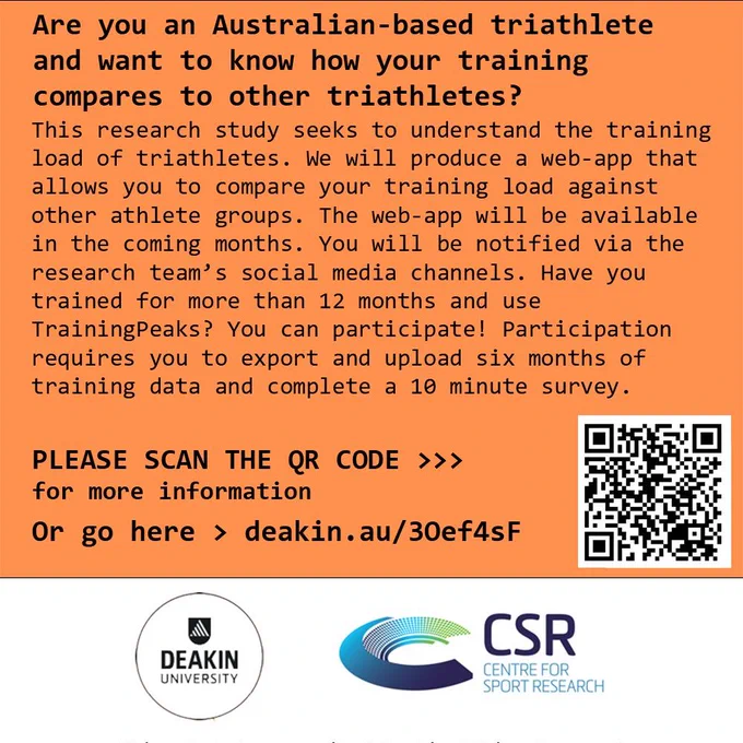 Calling all Australian triathletes! Interested in how your training compares to other triathletes? Join Deakin University’s study on triathlete training load!  Do you have 12  months of triathlon training experience? 
Share your insights & TrainingPeaks data.
Details: https://deakin.au/3Oef4sF