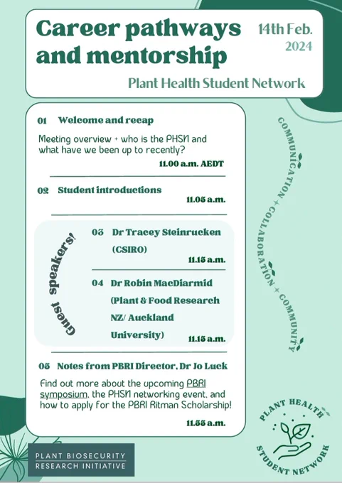 Agenda for a meeting titled Career Pathways and mentorship Plant Health Student Network, 14th Feb 2024. First item is a welcome and network update, followed by student introductions, then invited speakers Dr Tracey Steinrucken and Dr Robin McDiarmid. Last up is Dr Jo Luck with an update about the PBRI symposium and Ritman scholarship
