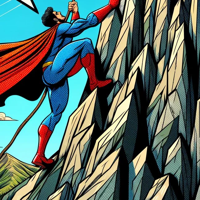 A comic-style illustration featuring the quote "Persistence is the sister of success." The image should have a clean, clear comic book aesthetic with bold lines and bright colors. The scene depicts a superhero climbing a tall mountain, demonstrating persistence and determination. The superhero is in a dynamic pose, almost reaching the peak, with the quote stylishly incorporated into the scene, perhaps in a speech bubble or as part of the background. The overall feel is energetic and inspiring, suitable for a comic book or graphic novel.
