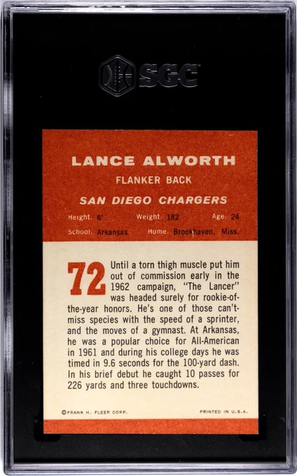 1963 Fleer football #72 Lance Alworth, San Diego Chargers, SGC 7, near mint!