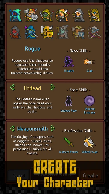The Character creator screen for Adventure To Fate Lost Island. 

Showing 12 Classes - Elementalist, Warrior, Rogue, Hunter, Priestess, Druid, Savage, Illusionist, Guardian, Witch, Paladin, Elemental Archer.

10 Races to choose from Human, Elf, Orc, Halfling, Troll, Gnome, Undead, Vampire, Moon Elf, Draco

6 Professions - Weaponsmith, Armorsmith, Leatherworker, Tailor, Jeweler, Alchemist.

Customize and create your character to start your Adventure To Fate!