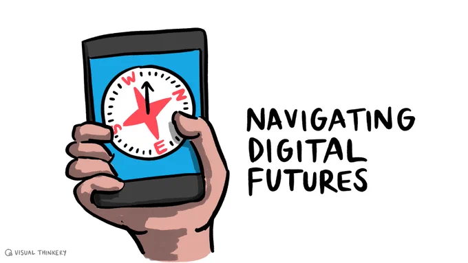 a drawing of a hand holding a digital device showing the needle of a directional compass pointing West North West, beside an uppercase legend that reads NAVINGATING DIGITAL FUTURES