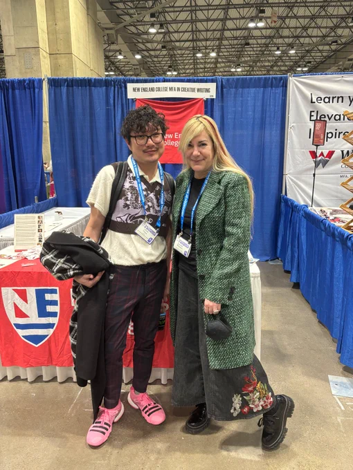 Jennifer in a long green coat with Chen Chen in pink sneakers. 
