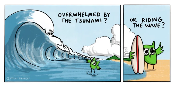 side by side drawings of a wee green owl, on the left he is looking up into a giant wave marked "overwhelmed by the tsumnami?" and on the right he stands on the beach holding a surf board as if to say "riding the wave?"