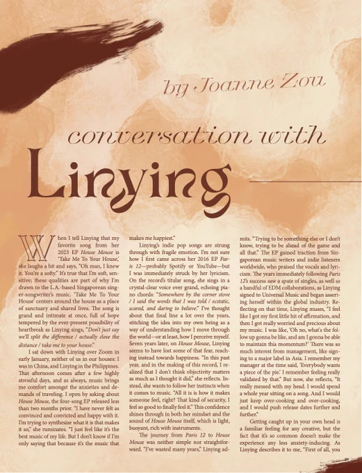 A page from inside the magazine that reads: Conversation with Linying, by Joanne Zou. There are three columns of text from the article. The top left corner has a brown brushstroke and the background consists of light beige and dark beige blobs. 