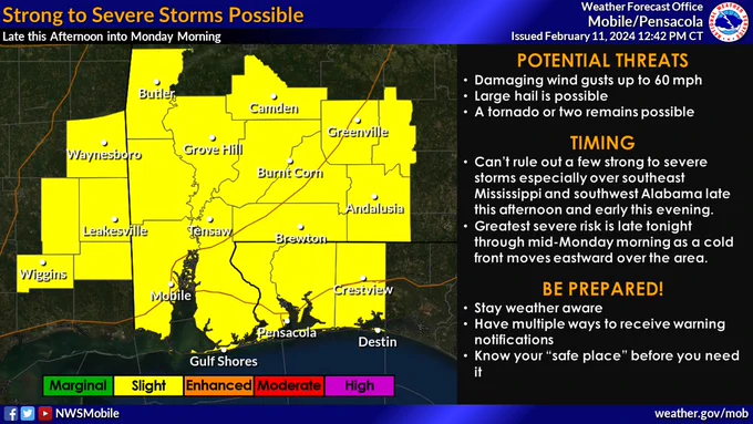 Map of southeast Mississippi, southwest and south central Alabama and the western Florida panhandle showing the extent of a Slight Risk of severe storms for the entire area.  A Slight Risk of severe storms exists for the area from late this afternoon through Monday morning.  Damaging wind gusts are the primary threat, although large hail and a tornado or two cannot be ruled out.
